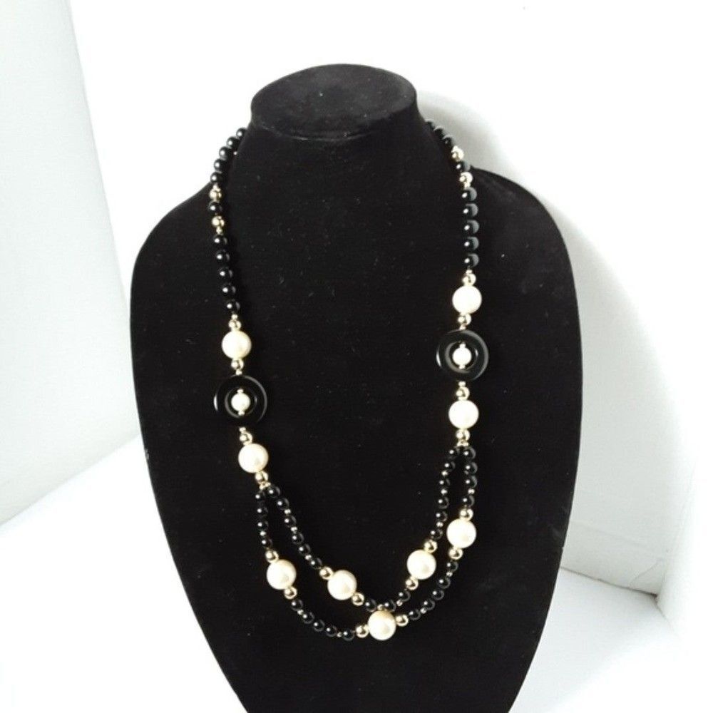 Trifari Vintage Black Gold Tone Faux Pearl Necklace